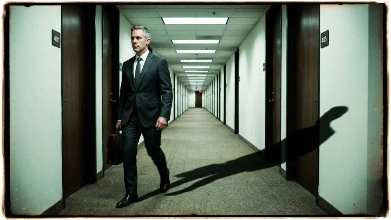 Dirigeant marchant dans un couloir d'entreprise, son ombre distordue derrière lui, métaphore des automatismes cognitifs