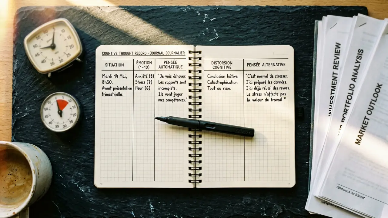 Journal de pensées structuré en colonnes posé sur un bureau, outil central de la thérapie cognitive