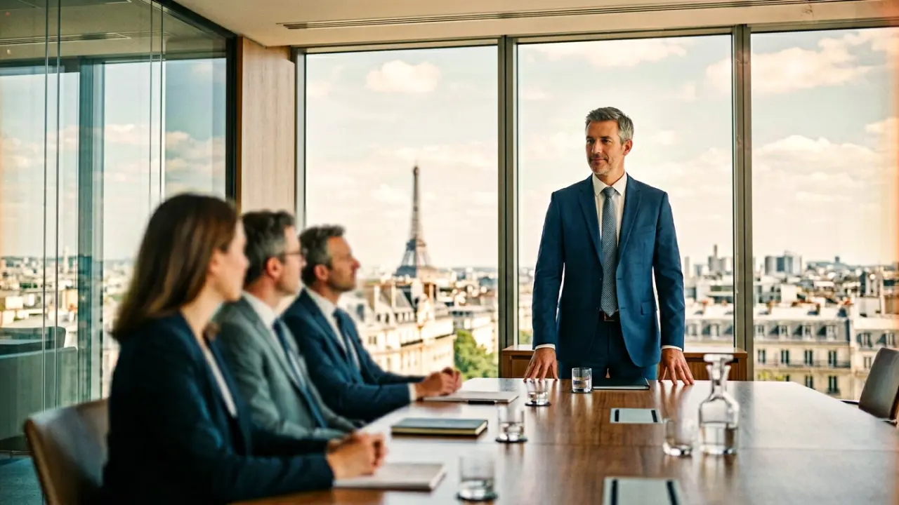 Dirigeant debout en tête de table de réunion, posture calme et ouverte, leadership ancré après thérapie cognitive