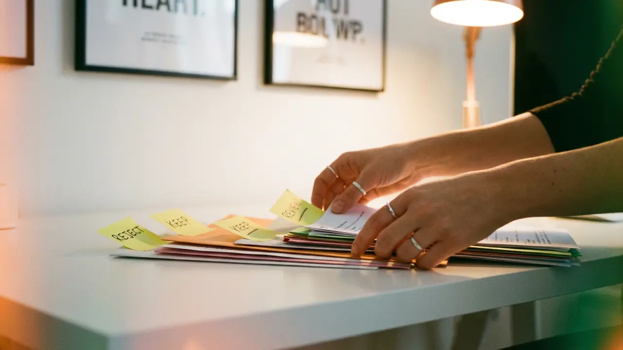 Mains triant des documents pour séparer l'information pertinente du superflu