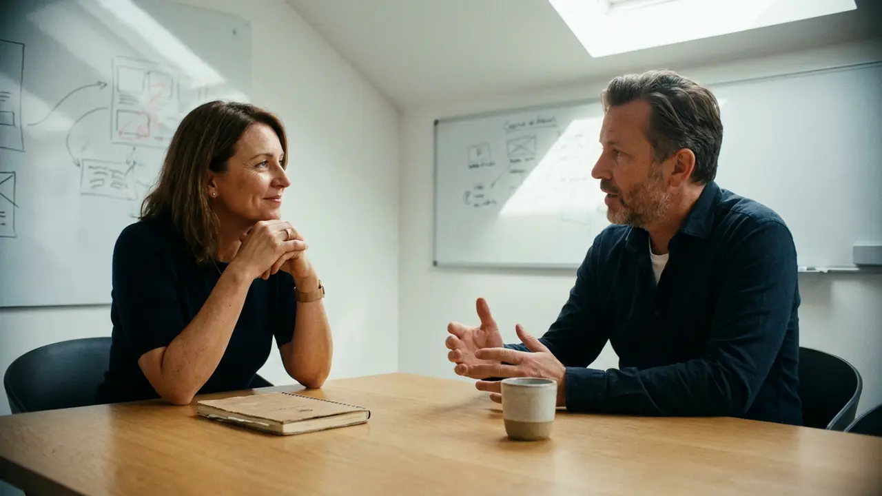 DRH en écoute attentive face à un directeur créatif lors d'un échange