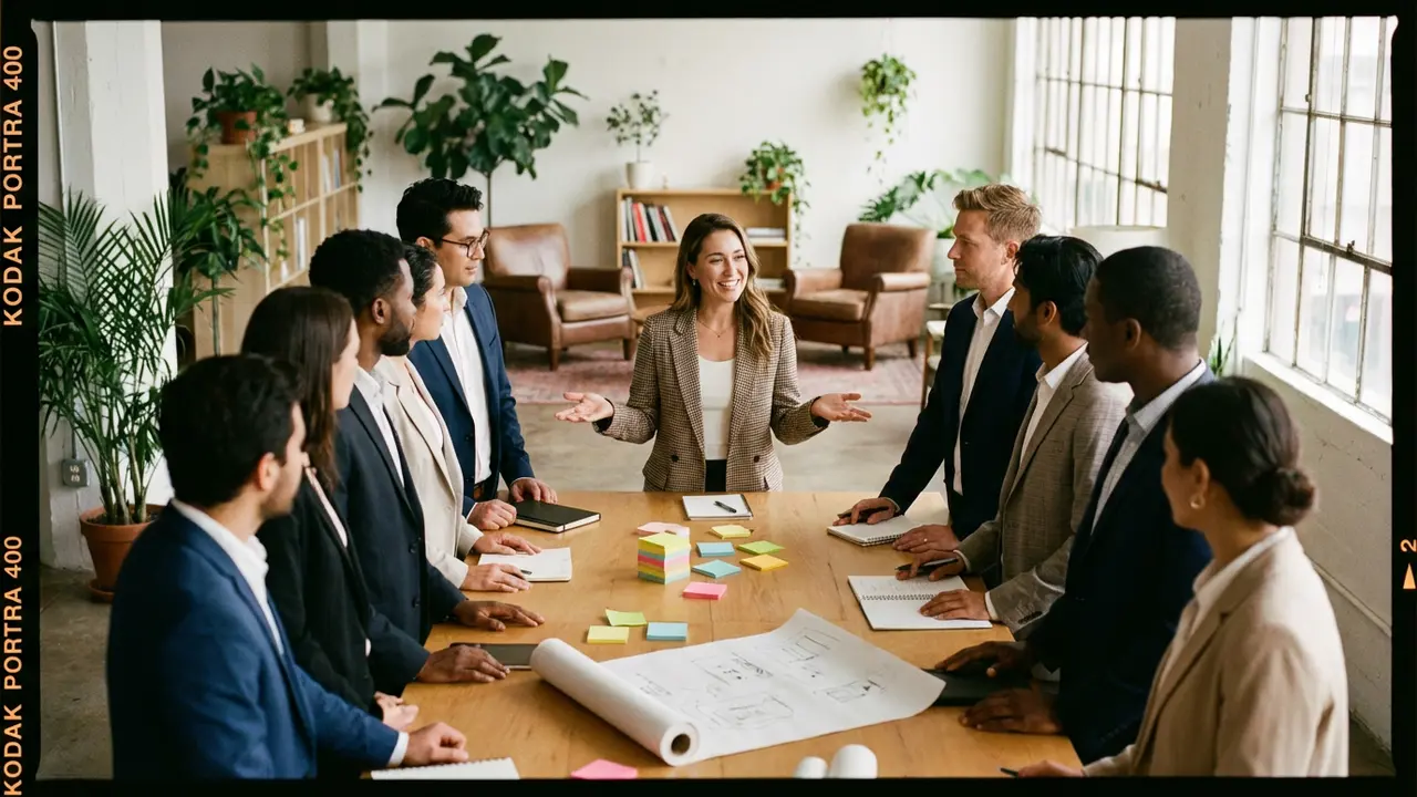 Équipe collaborative engagée autour d'une table dans une atmosphère de confiance