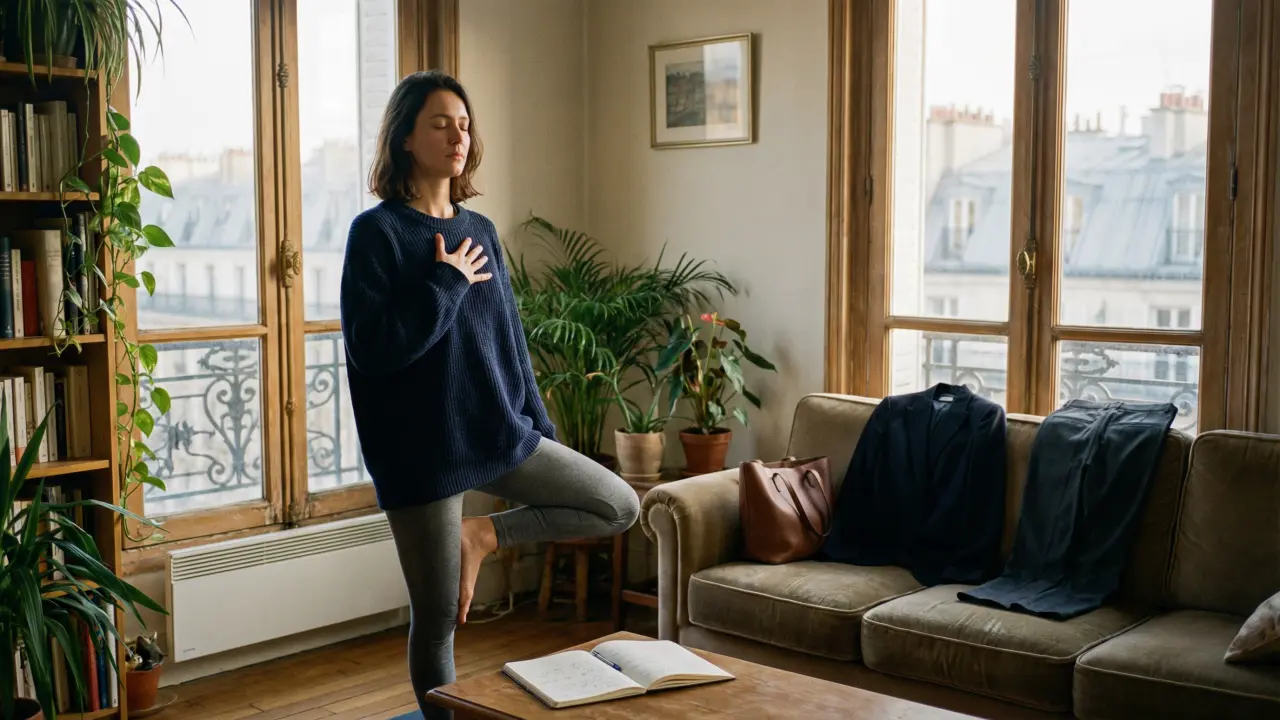 Femme cadre pratiquant le yoga matinal avant sa journée professionnelle