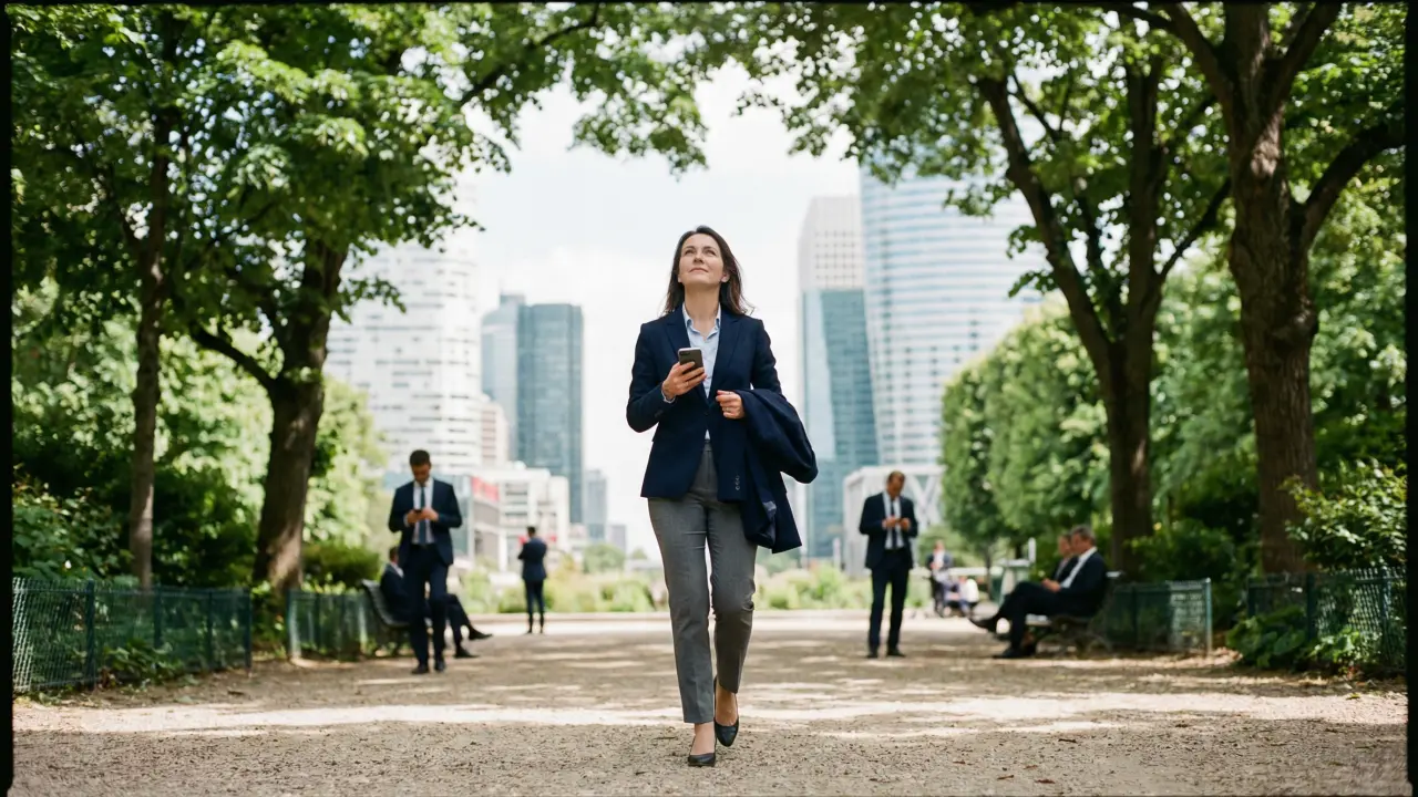 Cadre dirigeante marchant en pleine conscience dans un parc urbain pendant sa pause