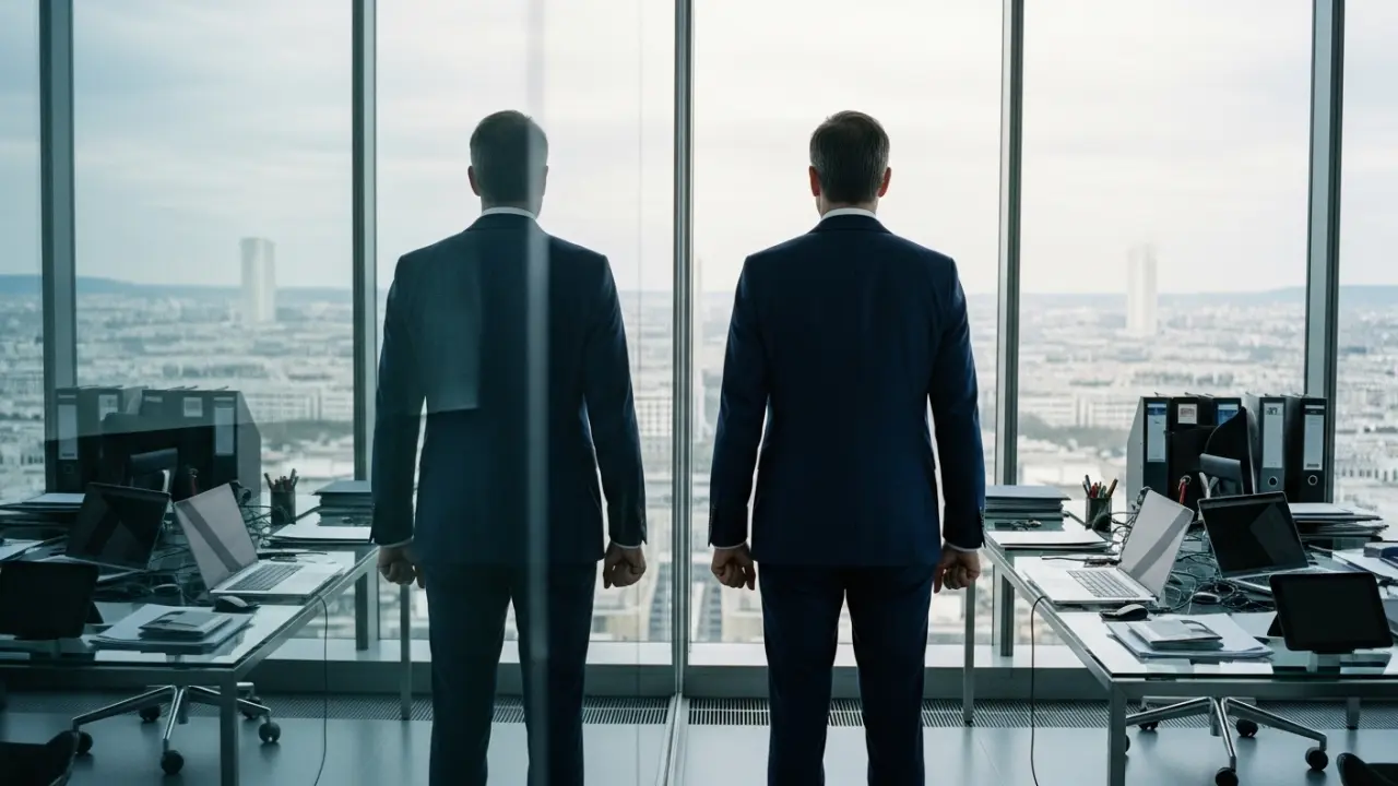 Cadre dirigeant de dos face à une baie vitrée donnant sur La Défense, symbolisant l'illusion du contrôle et l'isolement professionnel