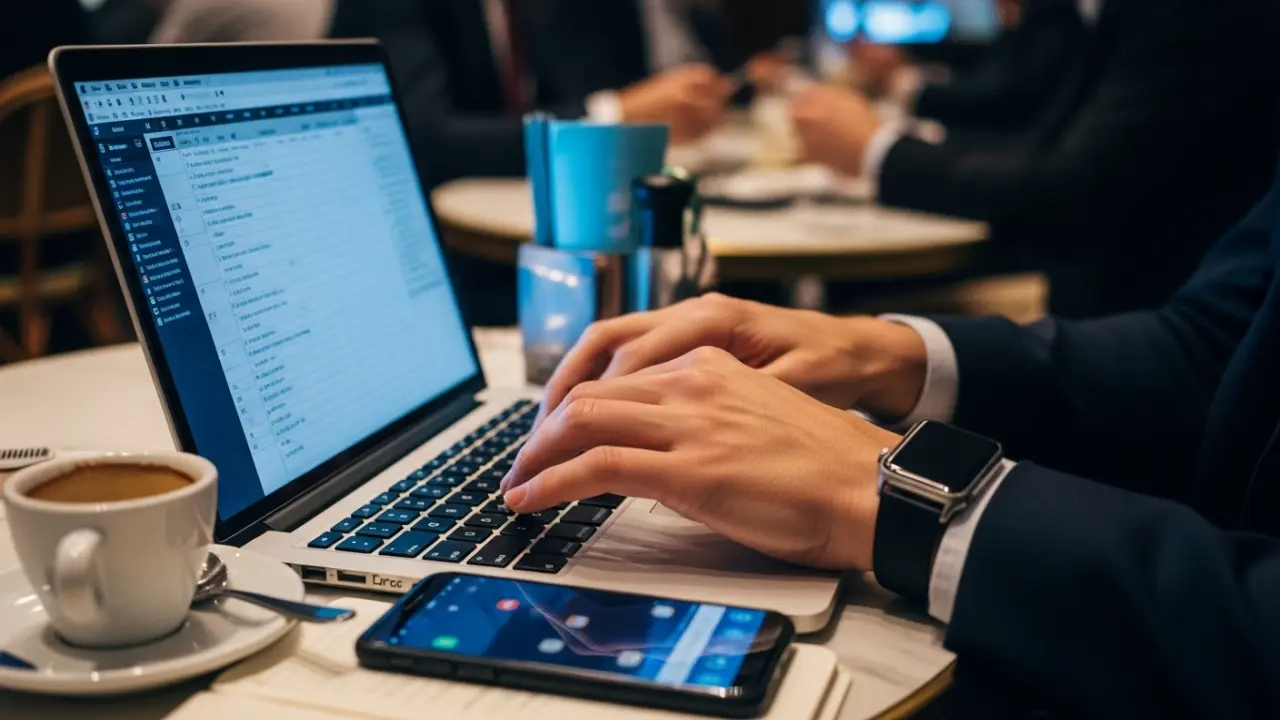 Mains crispées d'un cadre tapant frénétiquement sur un ordinateur entouré d'appareils multiples, illustrant la fuite dans la productivité toxique