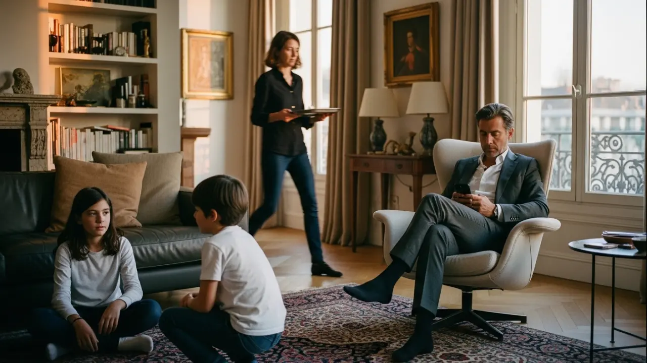 Cadre dirigeant physiquement présent mais émotionnellement absent dans son salon familial, fixant son smartphone pendant que ses enfants jouent