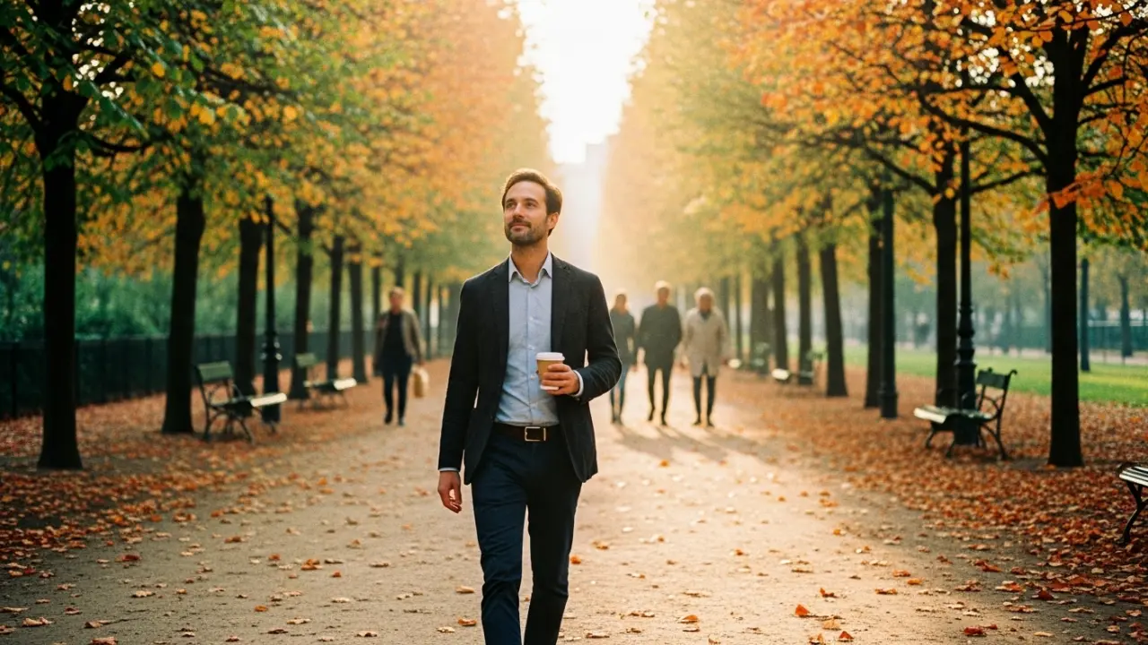 Cadre dirigeant serein marchant dans un parc urbain automnal à la lumière dorée du matin, incarnant la transformation personnelle et le leadership authentique