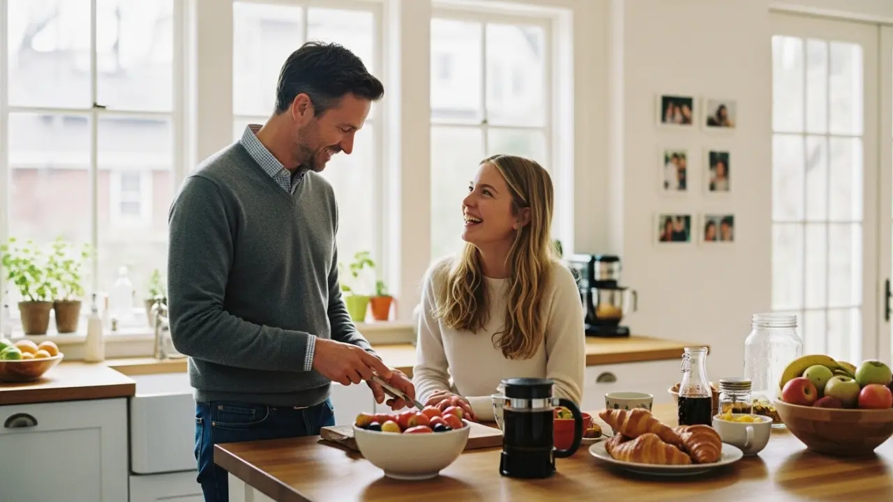 Cadre dirigeant transformé préparant le petit-déjeuner avec sa fille dans une cuisine lumineuse, incarnant la présence familiale retrouvée et la connexion authentique