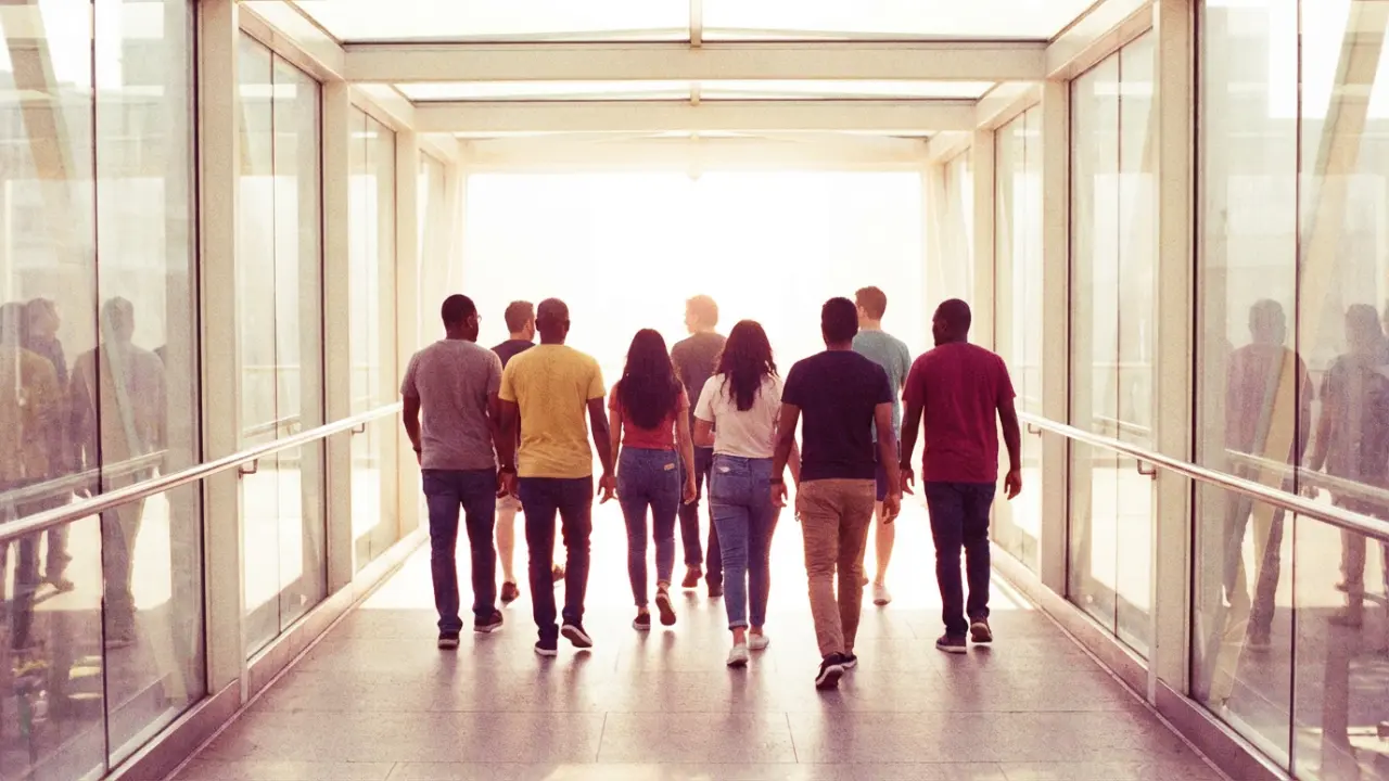 Équipe alignée marchant vers un avenir clair