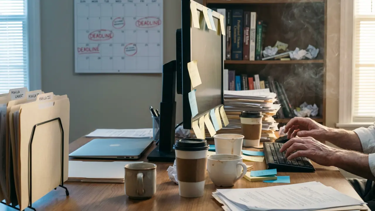 Accumulation progressive du stress professionnel sur un bureau encombré