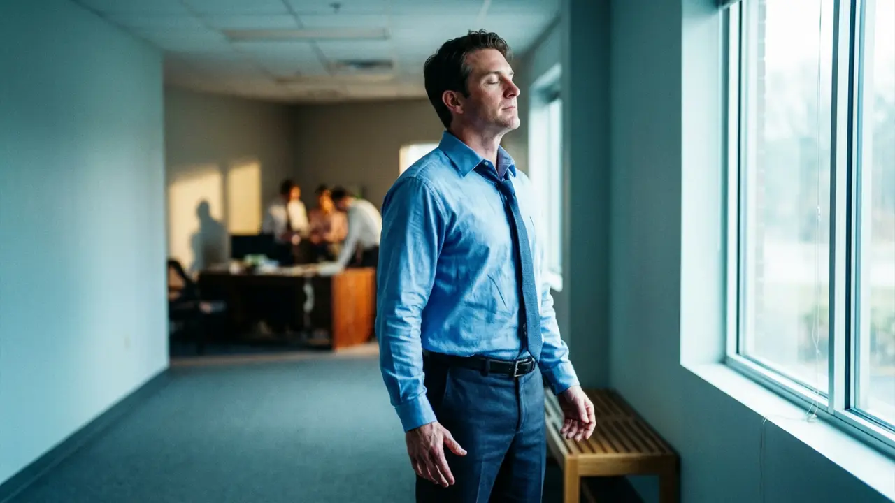 Professionnel pratiquant la respiration consciente pour gérer le stress