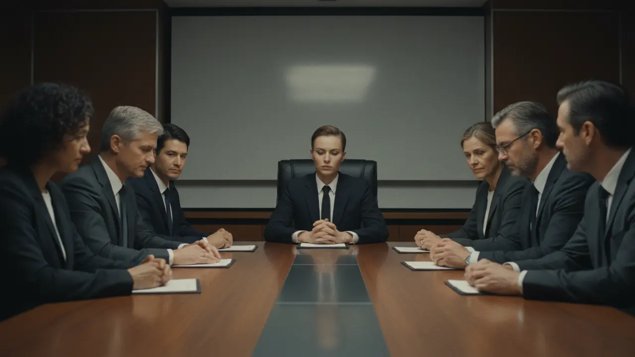 Cadres supérieurs en réunion masquant leur anxiété professionnelle derrière une façade de compétence