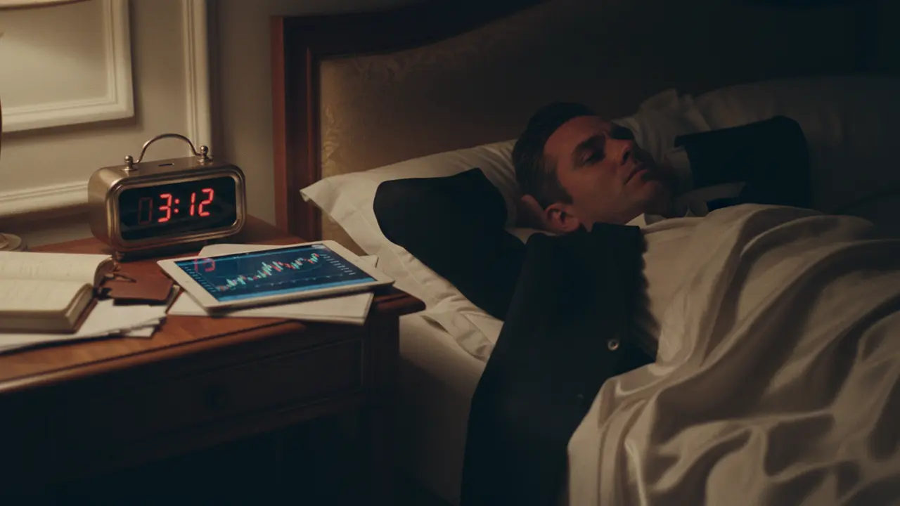 Cadre dirigeant souffrant d'insomnie chronique à 3 heures du matin avec charge mentale professionnelle