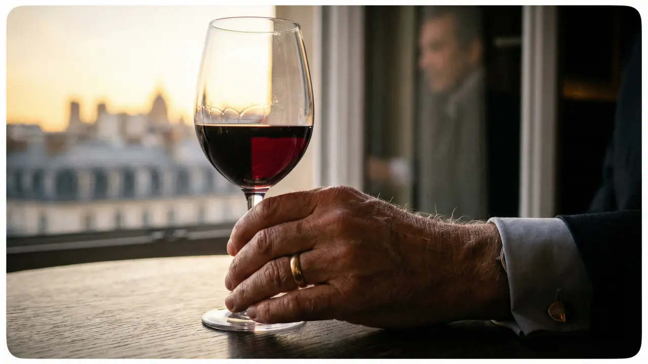 Main d’un cadre tenant un verre de vin rouge en fin de journée comme rituel de décompression