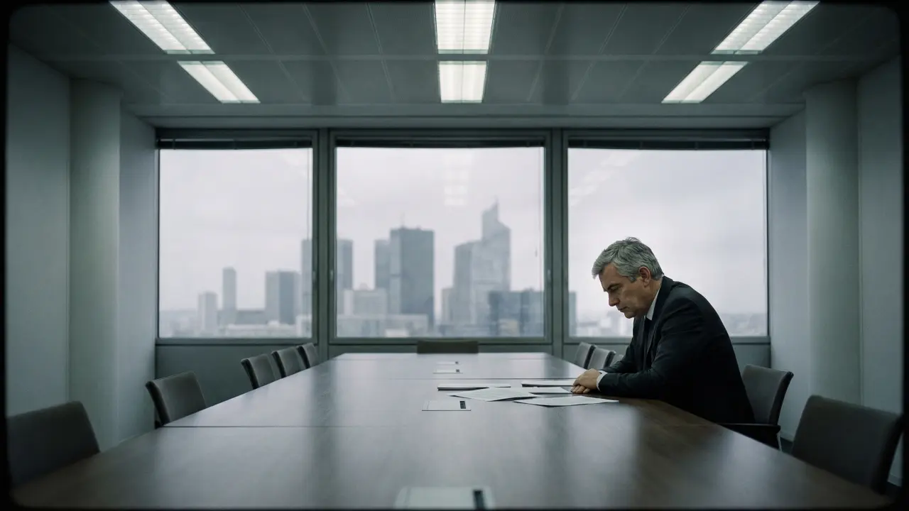 Cadre dirigeant seul dans une grande salle de réunion vide symbolisant l’isolement du sommet