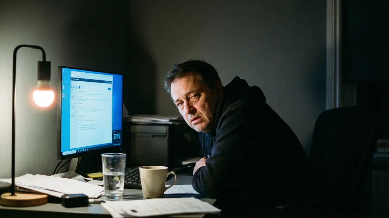 Cadre travaillant tard le soir devant un écran d’ordinateur éclairant son visage fatigué