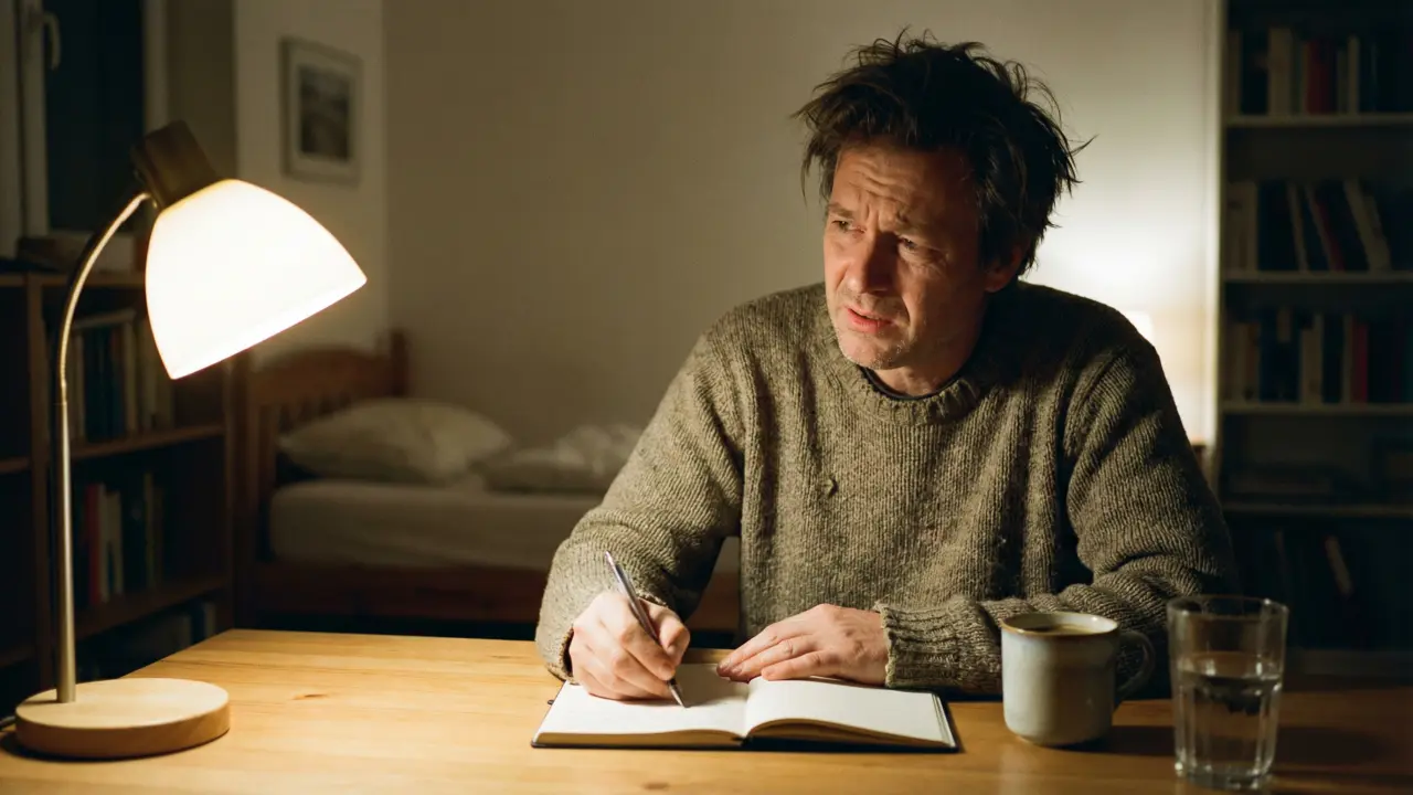 Cadre écrivant dans un carnet le soir, lumière douce, début d’une prise de conscience