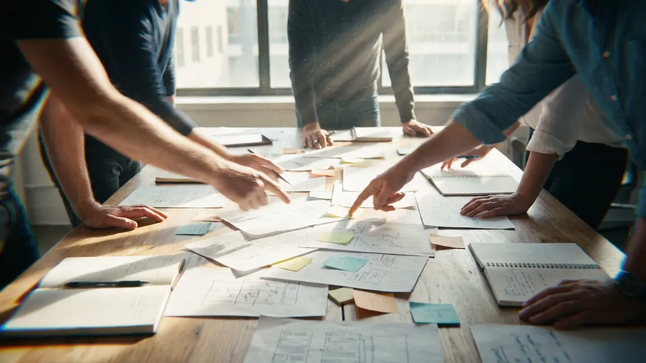Séance de brainstorming collaborative photographiée de haut, papiers et idées circulant sur une grande table avec équipe en mouvement