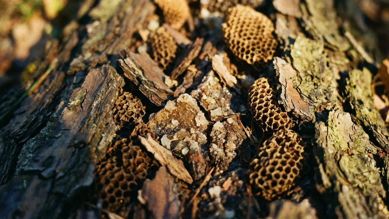 Photographie macro de structures naturelles complexes montrant l'émergence de patterns cohérents à partir de fragments