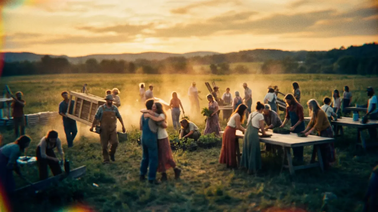 Photographie grand-angle d'une équipe en mouvement collaborant dans un espace ouvert, interconnectés dans l'action